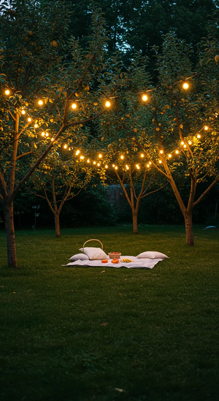 Fruitboomgaard bij schemering met lichtslingers tussen de bomen en een picknickkleed op gras.