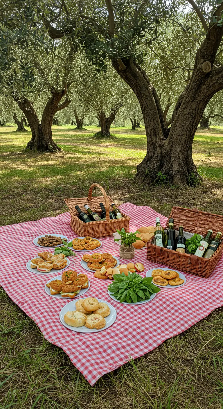 Picknick onder olijfbomen met geruite deken, picknickmanden, hapjes en olijfolie.