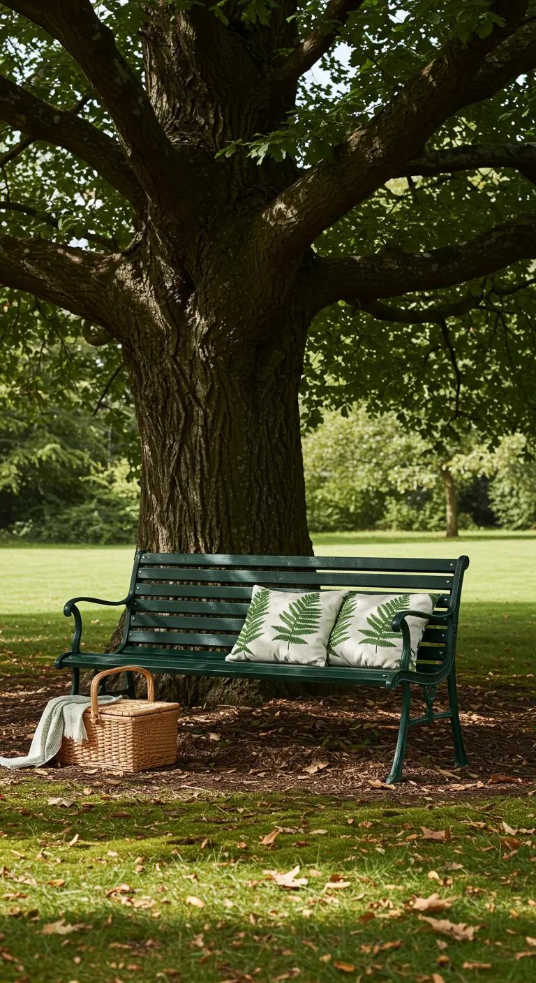 Donkergroene parkbank met varenprint kussens en een picknickmand.