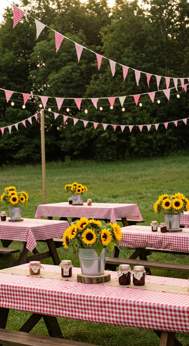 Picknicktafels met rood-wit geblokte kleden, zonnebloemen en vlaggenlijnen.