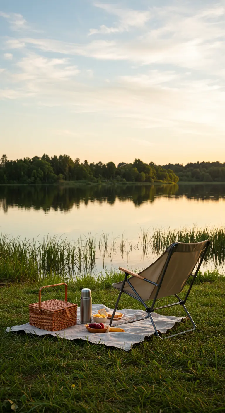 Lichtgewicht inklapbare camping-stijl schommelstoel bij een picknick aan een meer bij zonsondergang.