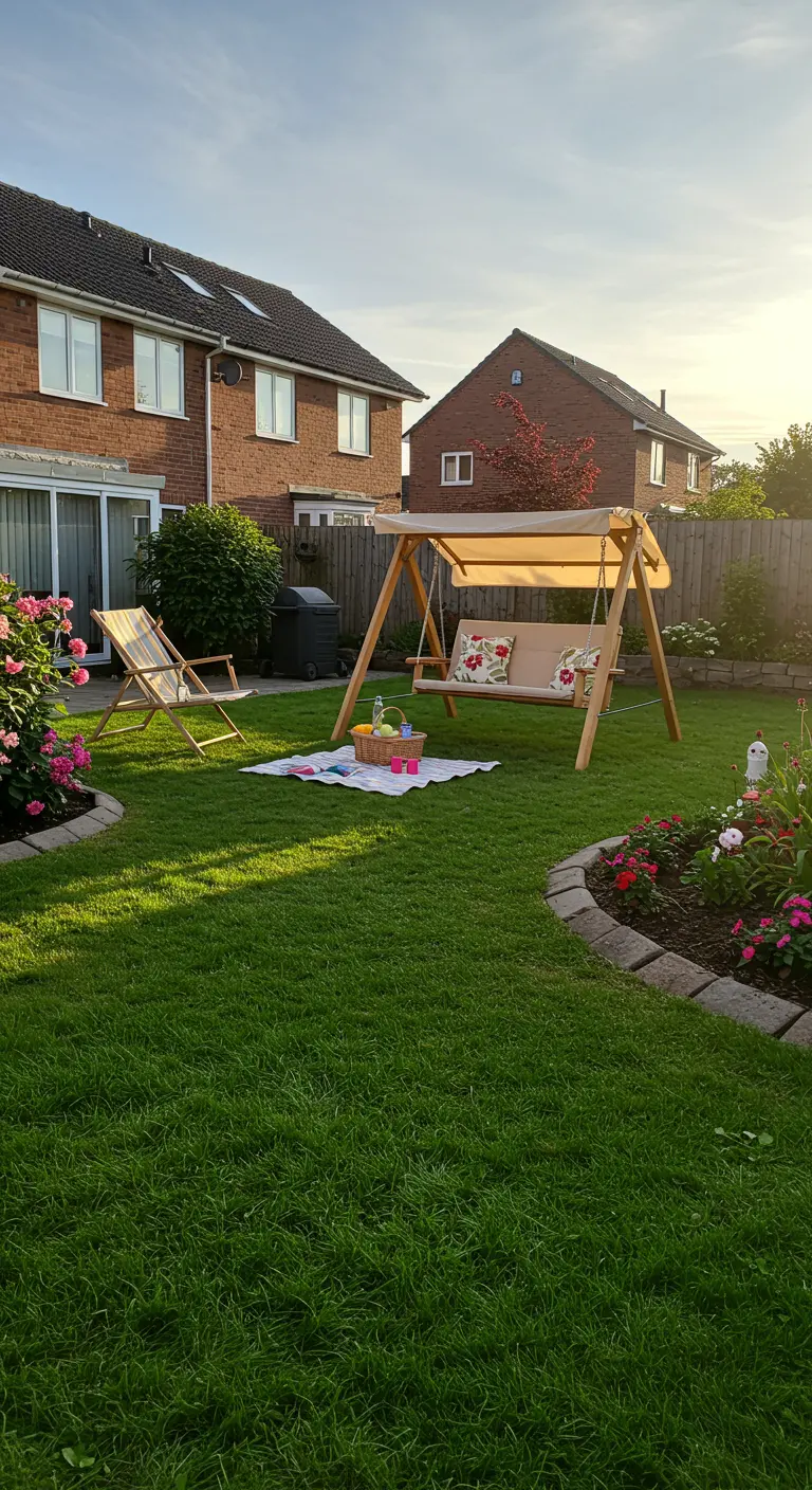 Houten schommelbank met zonnedak in een groene tuin, met een picknickkleed ervoor.