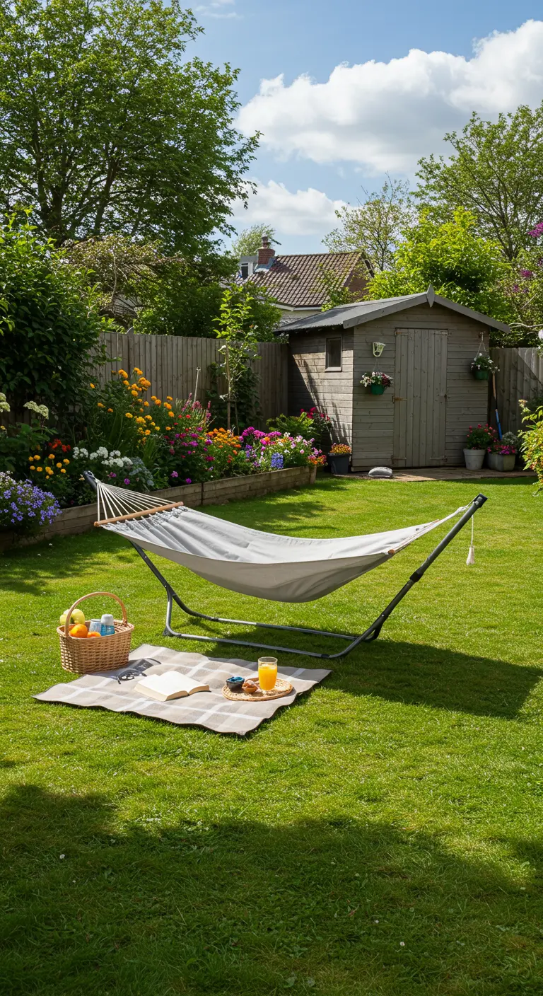 Grijze hangmat in standaard op gazon met picknickkleed, mand en bloeiende border.