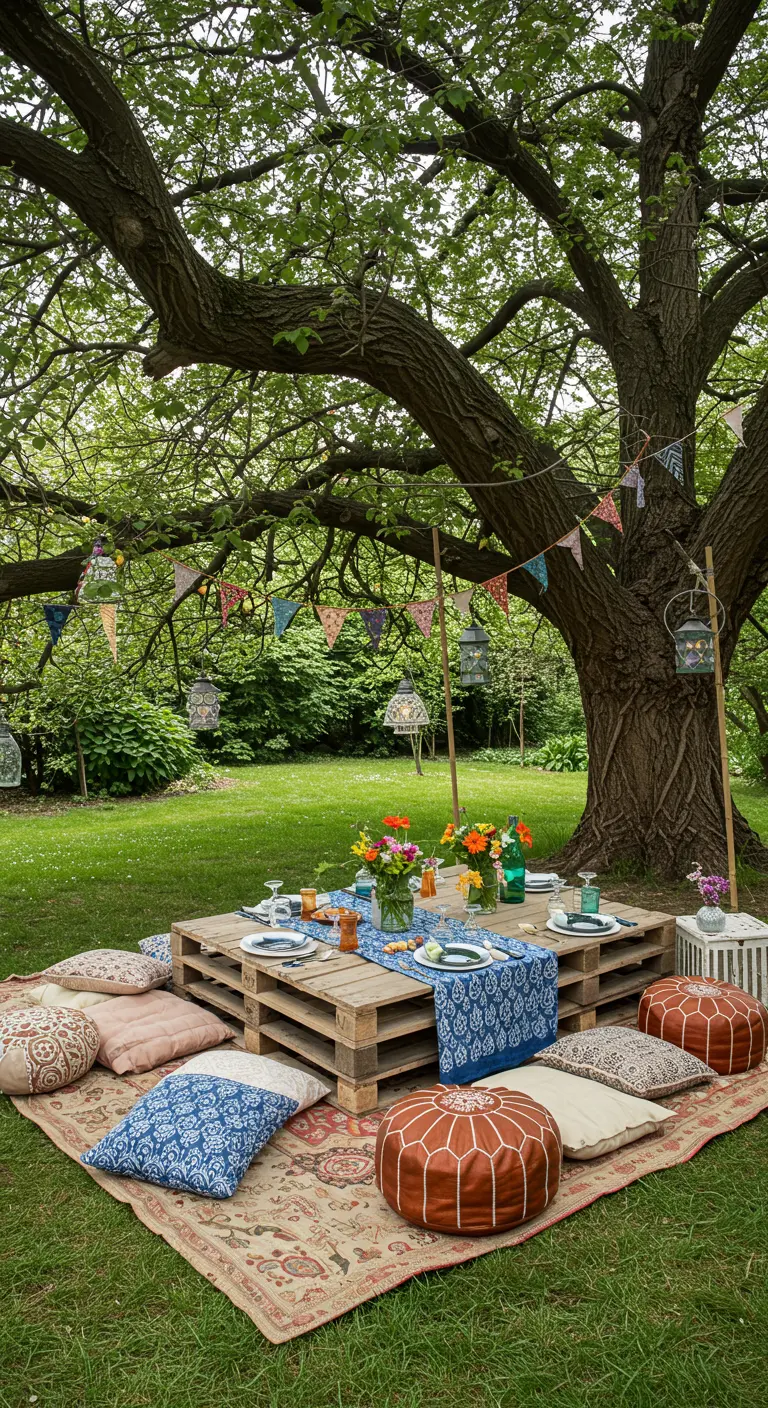 Boho picknicksetting met pallets, kussens en tapijt onder een boom.