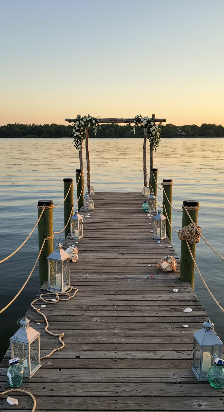 Romantische trouwceremonie op een houten pier met lantaarns en bloemen bij zonsondergang