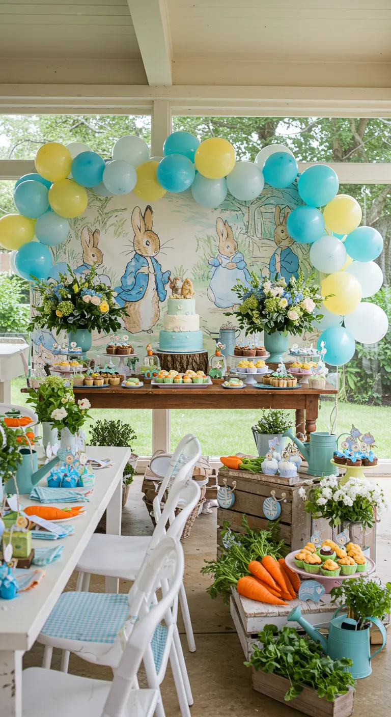 Pieter Konijn thema babyshower in de tuin met rustieke decoraties.