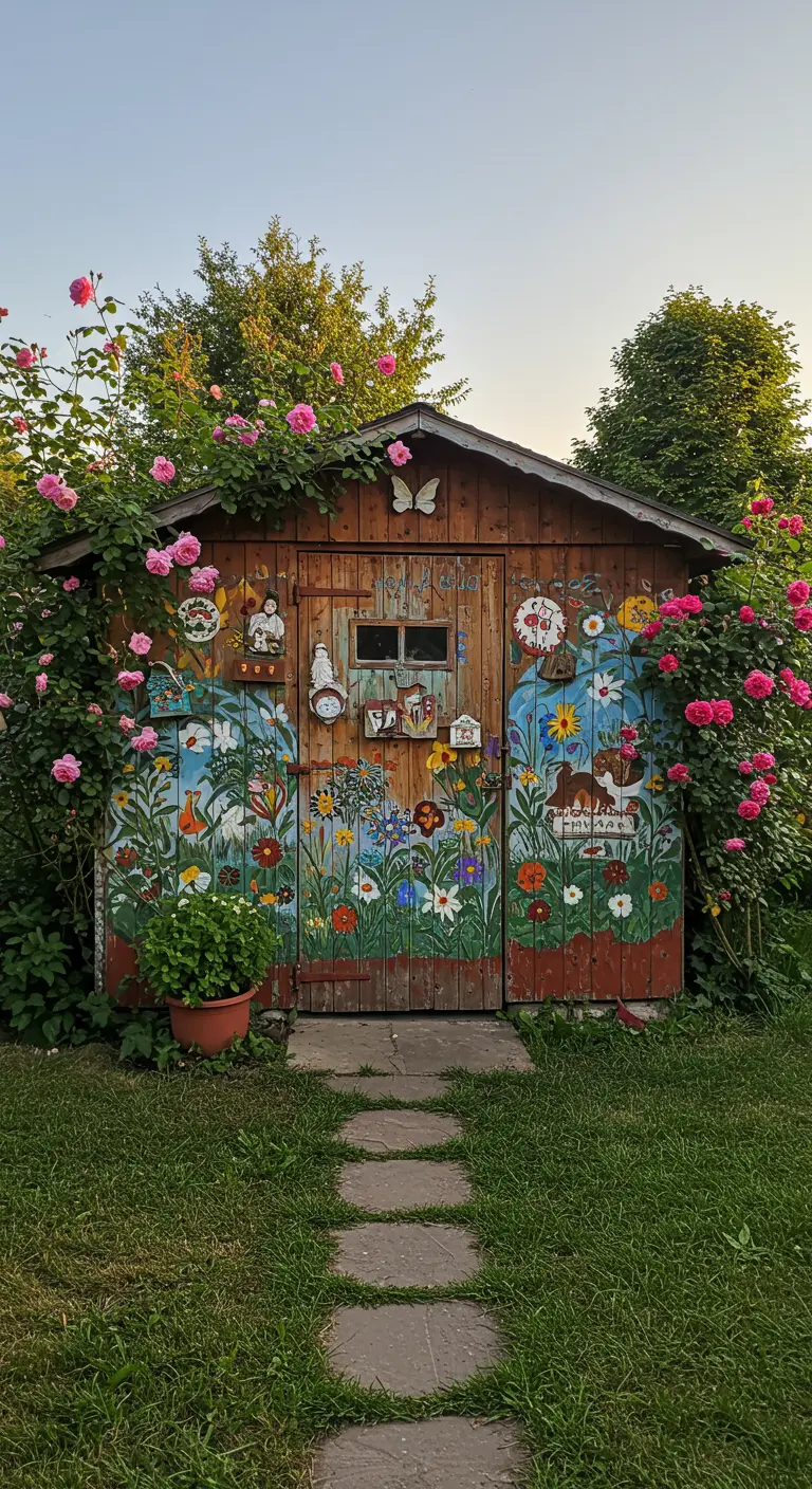 Houten tuinhuisje versierd met kleurrijke schilderingen van bloemen, dieren en patronen.