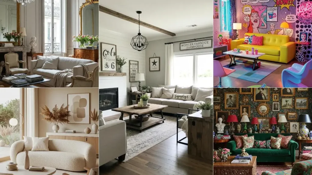 Collage van 6 pinterest-waardige interieurs, klaar voor Instagram.