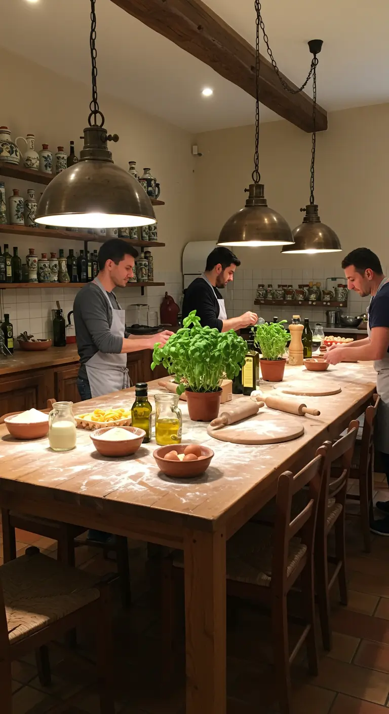 Keuken met mannen die pizza maken, grote houten tafel, basilicumplanten en kookgerei.