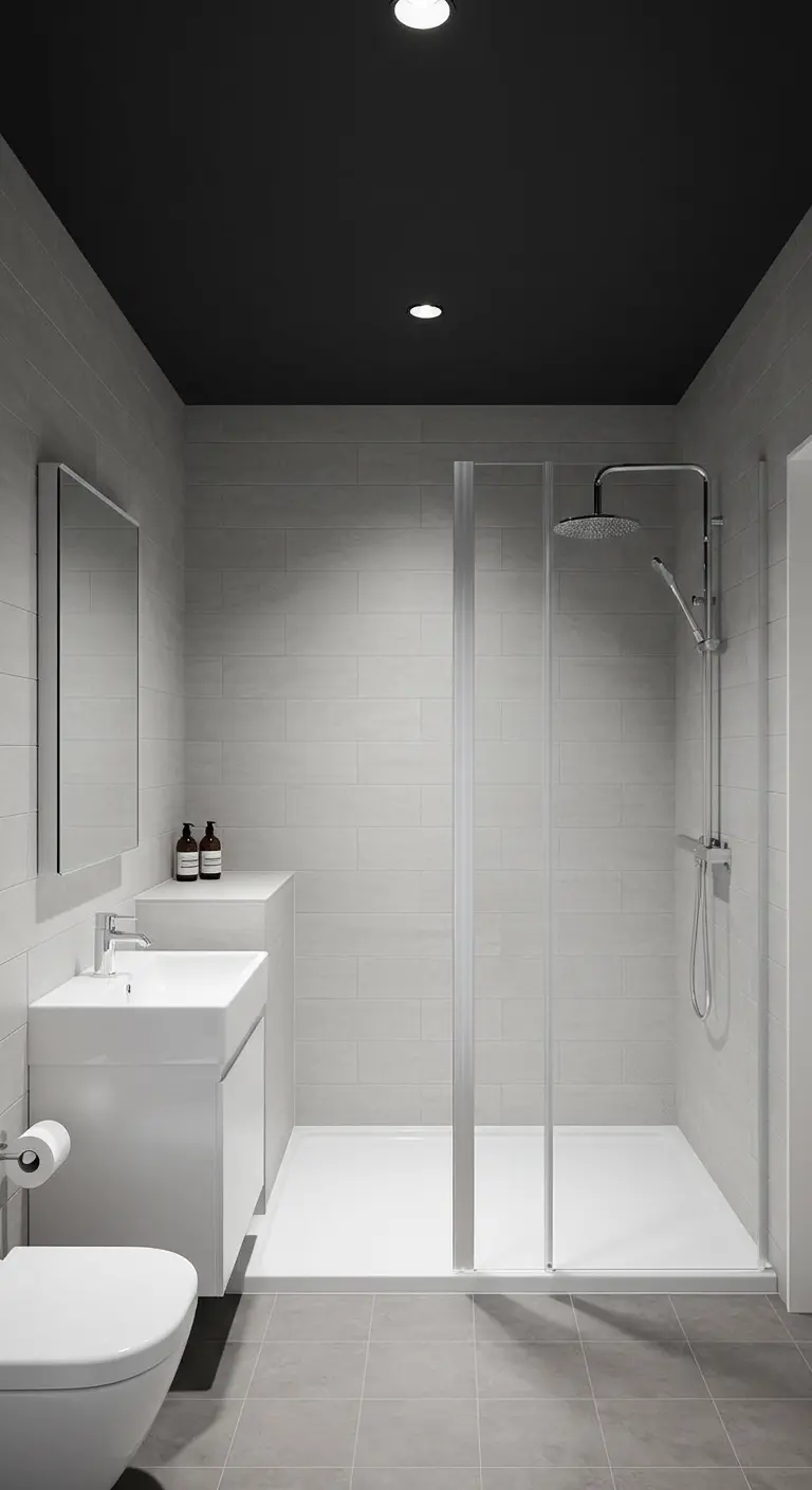 Moderne badkamer met wit tegelwerk en een contrasterend zwart plafond.