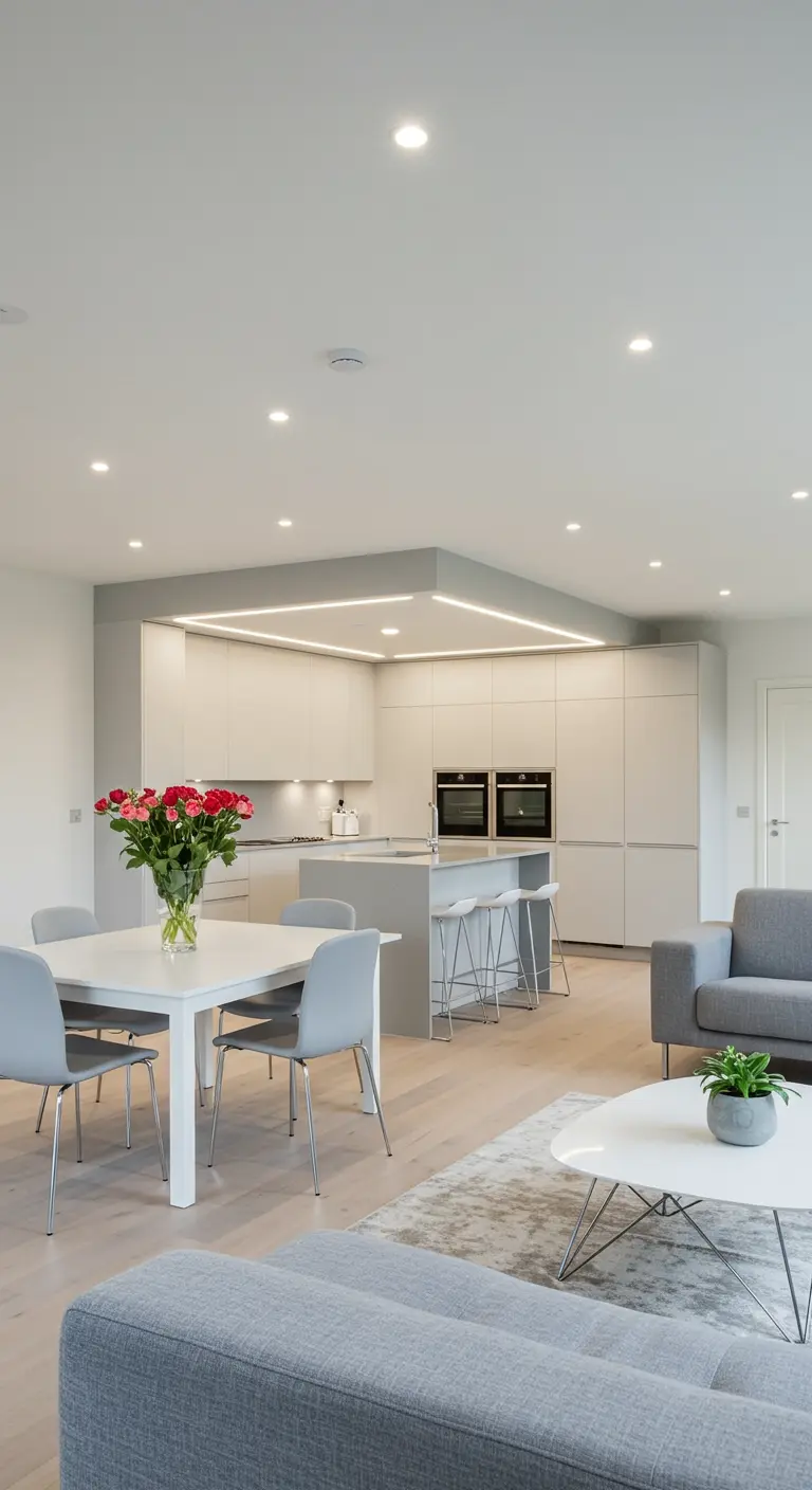 Moderne open ruimte met LED-lijnen in verlaagd plafond boven keukeneiland, eethoek ervoor.