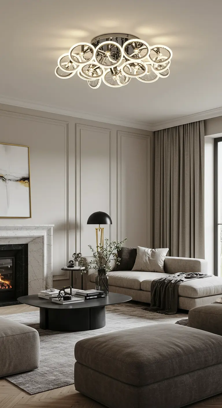 Moderne woonkamer met grijze muren, beige bank en een opvallende chromen plafondlamp.
