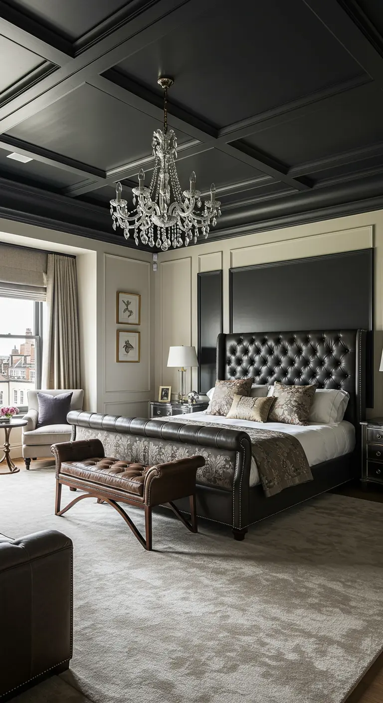 Luxe slaapkamer met zwart leren bed en donkergrijs cassetteplafond.