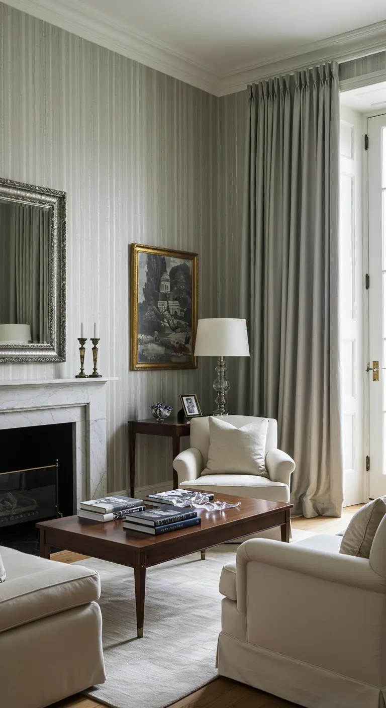 Elegante woonkamer met grijze gestreepte muren en lange, plafondhoge beige gordijnen.