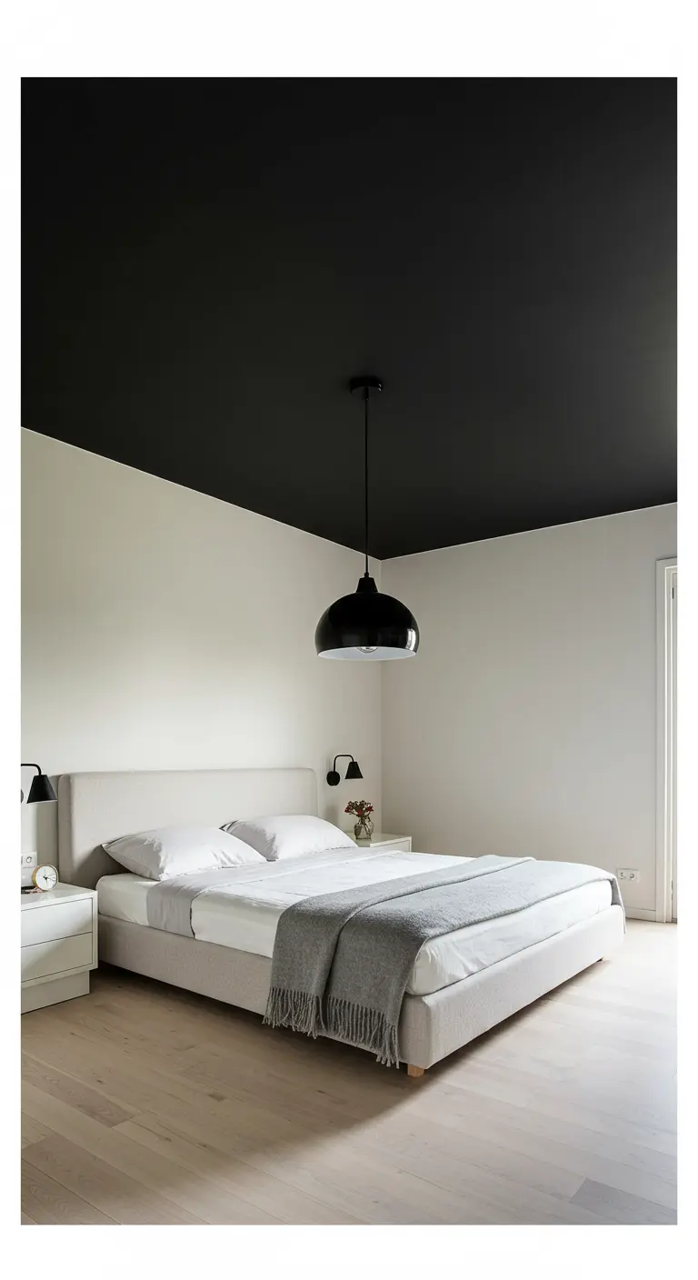 Witte slaapkamer met een dramatisch zwart geschilderd plafond en opvallende hanglamp.