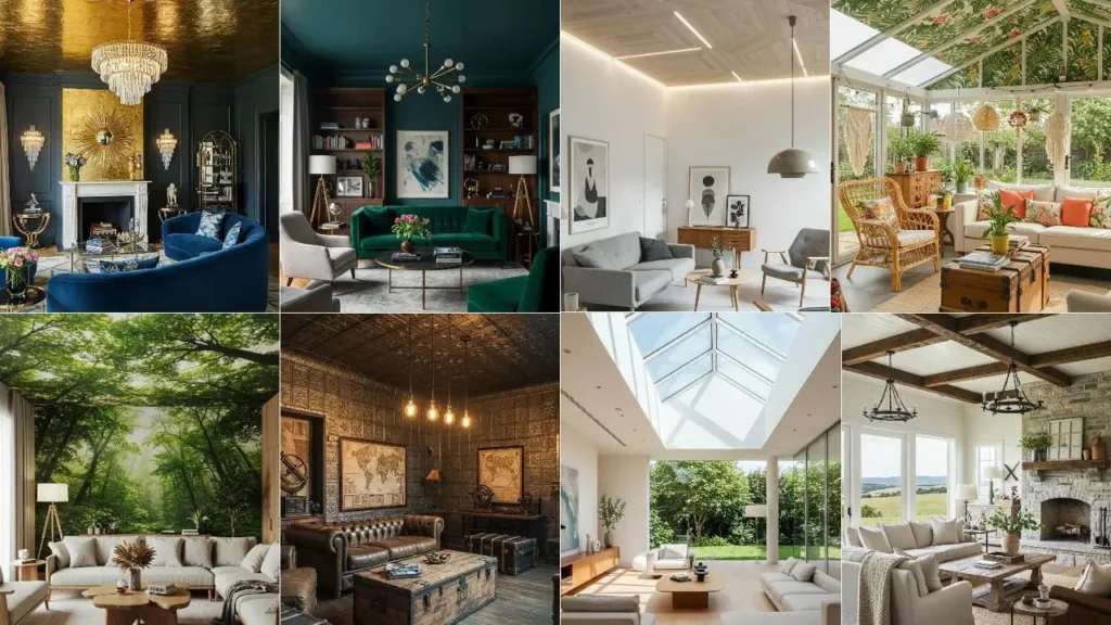 23 Stijlvolle plafond ideeën: collage van interieurs met diverse plafond designs, van goud tot bos print.