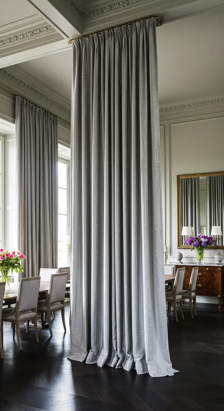 Eetkamer met plafondhoge grijze gordijnen als roomdivider