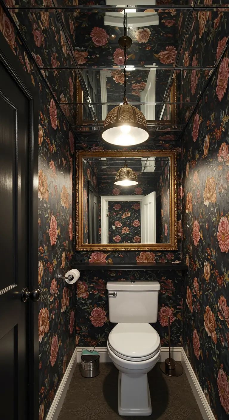 Toiletruimte met donker bloemenbehang, gouden spiegel en spiegelplafond.