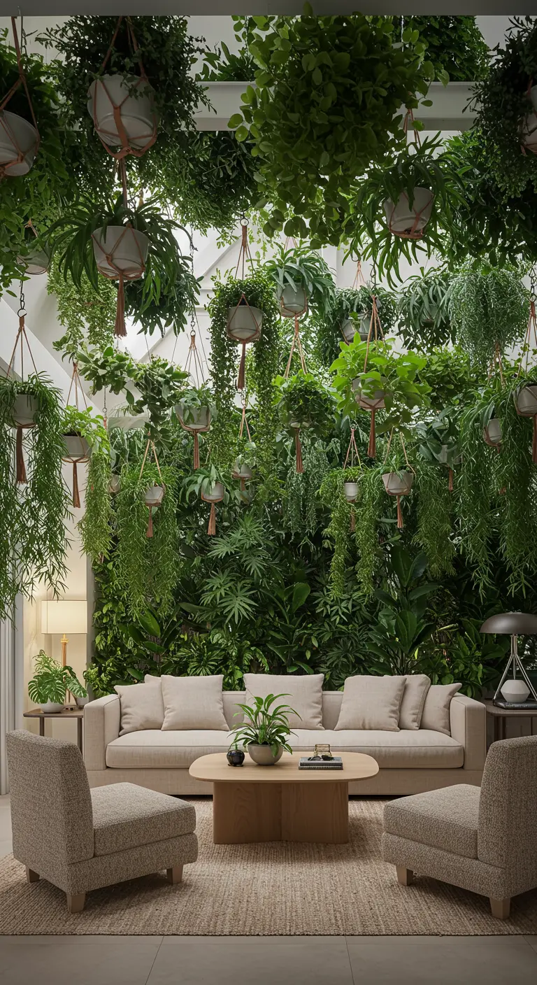 Woonkamer met een overvloed aan hangplanten en groene plantenwand achter bank.
