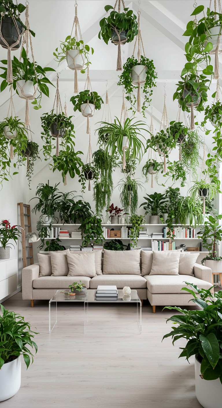 Witte woonkamer met een overweldigende hoeveelheid hangplanten aan het plafond.