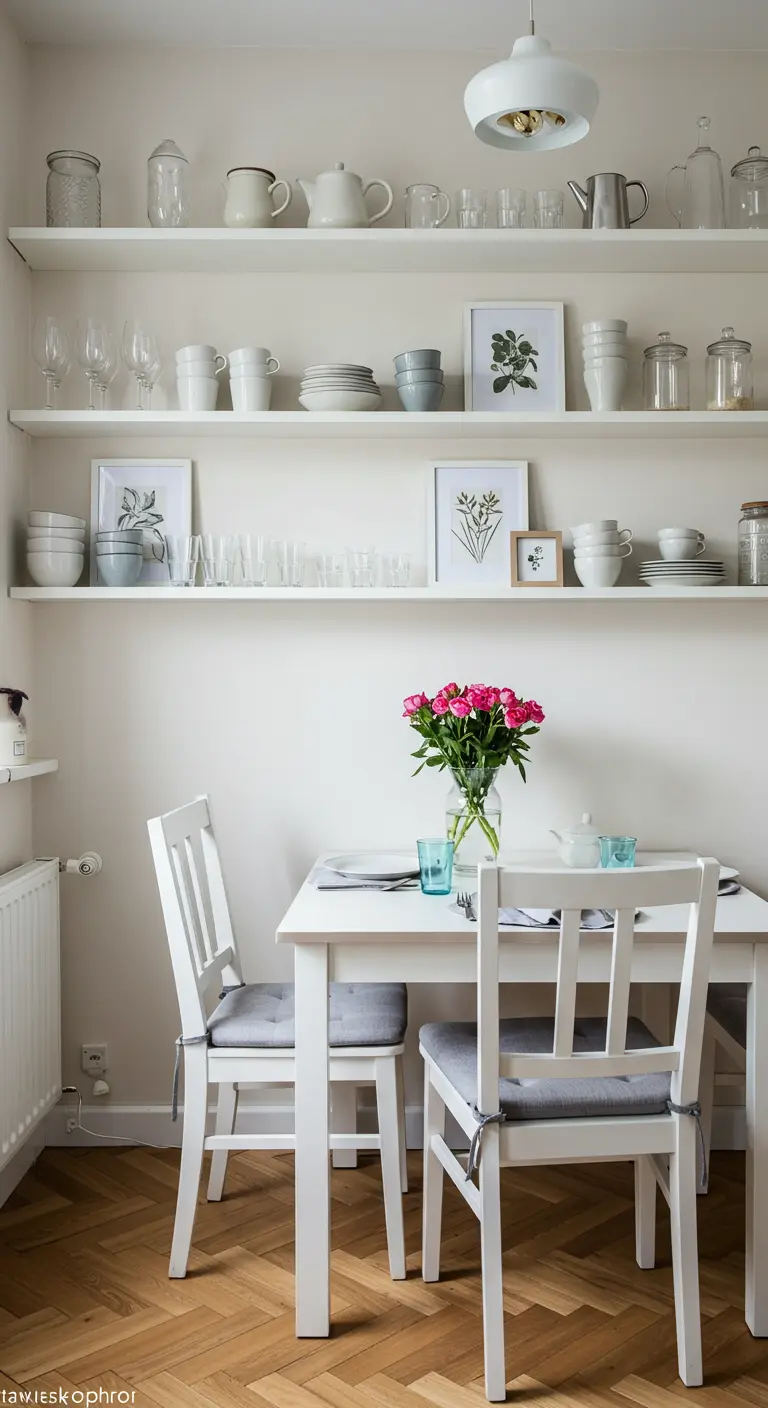 Witte eettafel met witte stoelen onder open planken met servies.