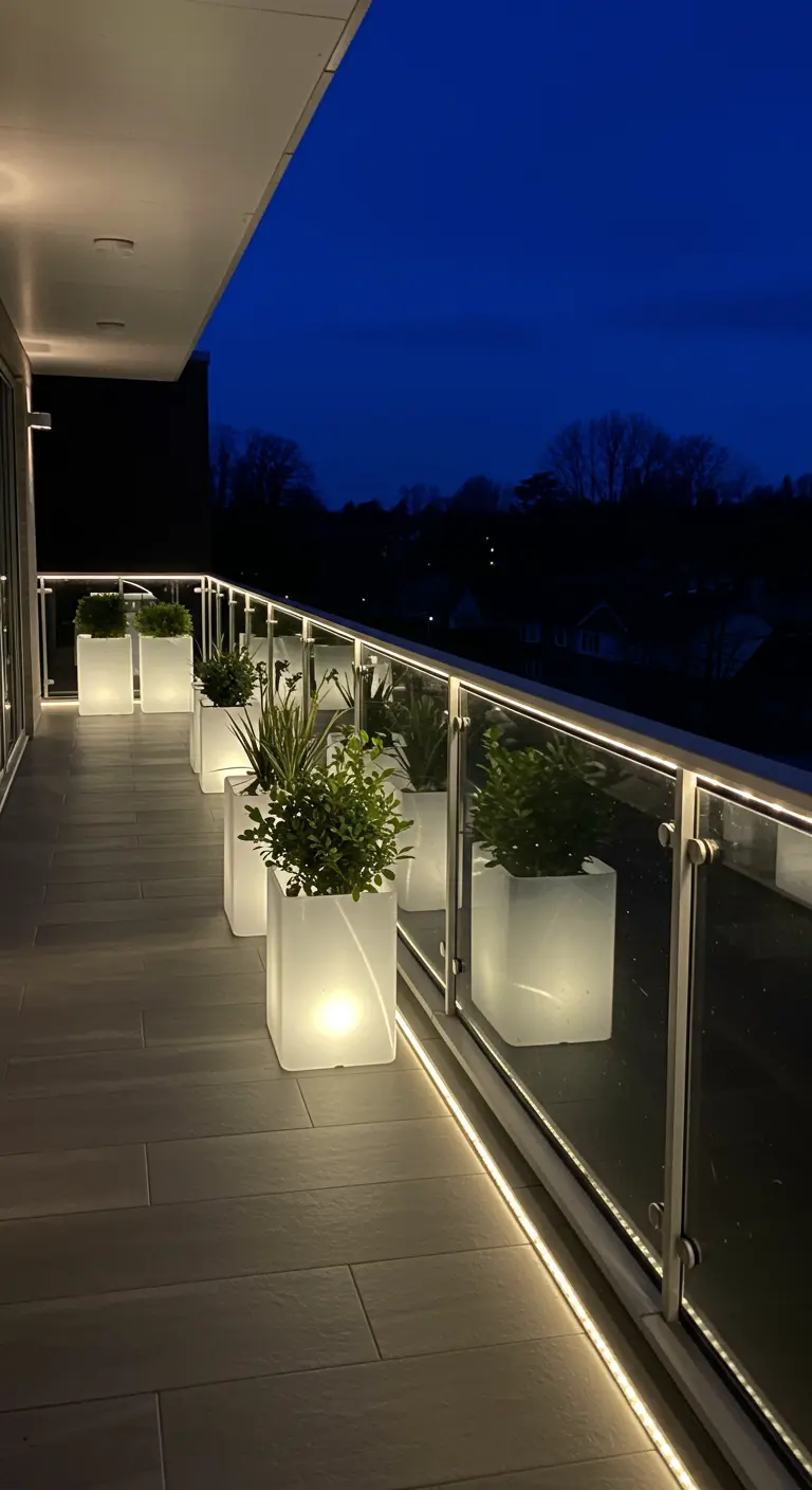 Modern balkon 's avonds met witte, lichtgevende plantenbakken en LED-strip langs reling.