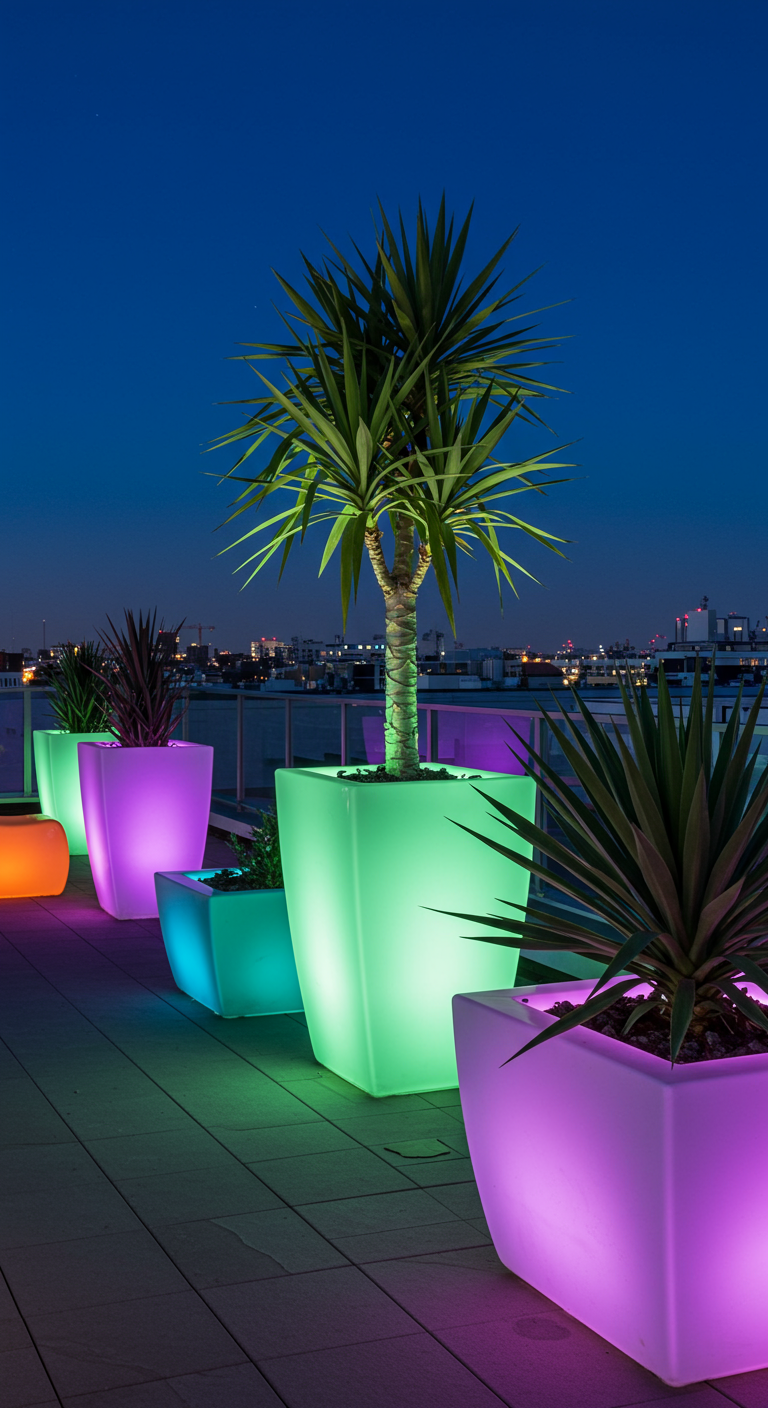 Dakterras met moderne plantenbakken die van binnenuit in verschillende kleuren oplichten.