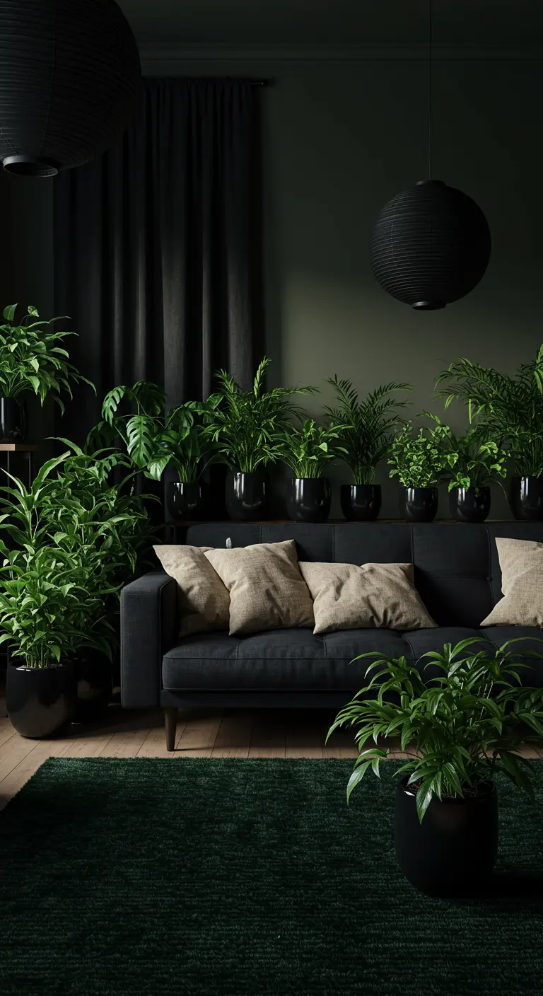 Donkere woonkamer met veel groene planten, zwarte bank, groen vloerkleed en zwarte lampen.
