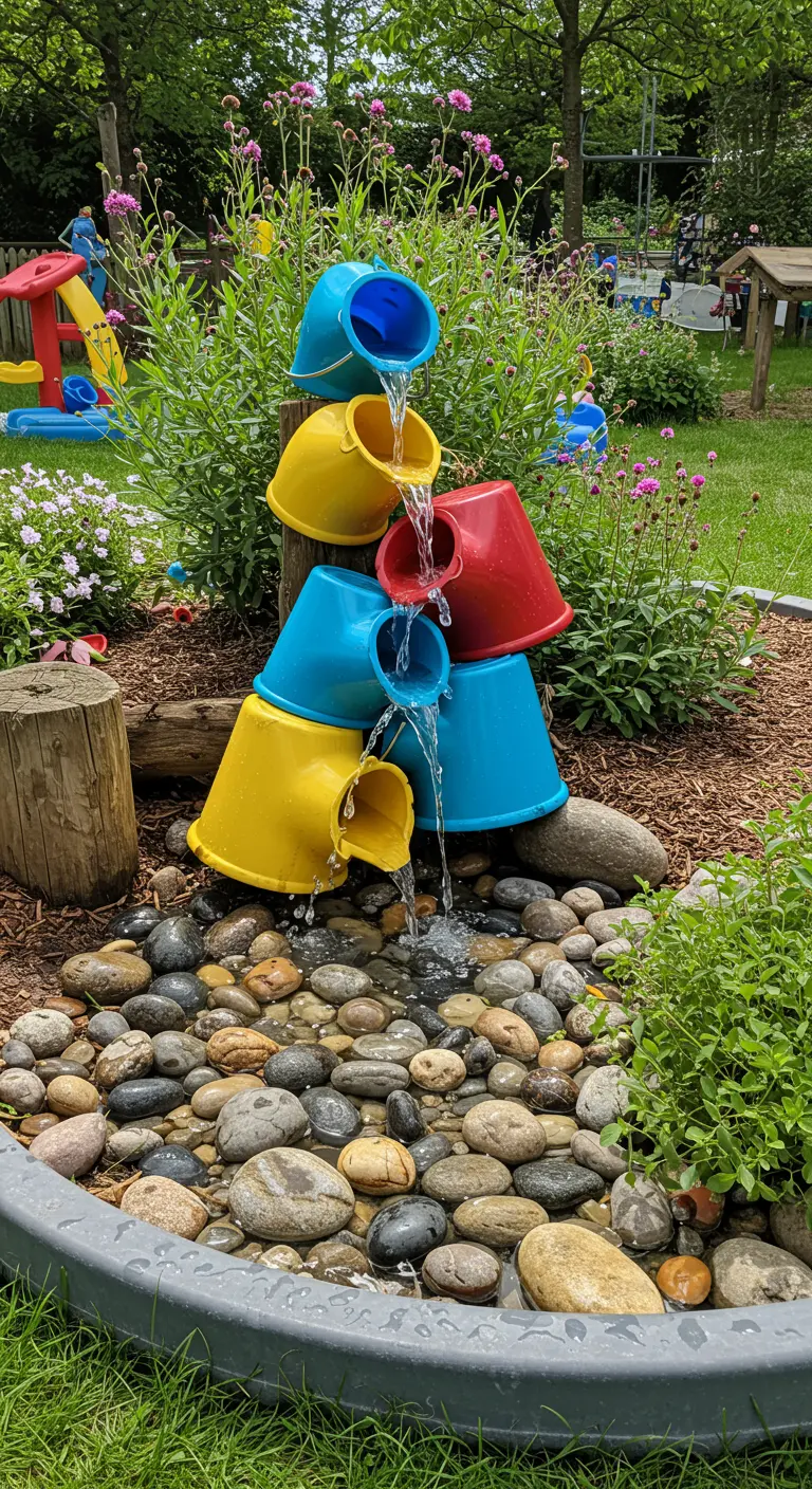 Speelse waterval van gekleurde emmertjes in een kindvriendelijke tuin.
