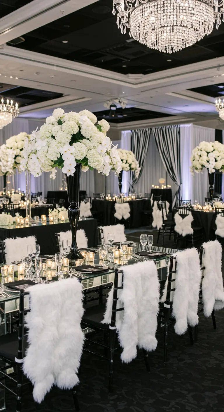 Luxe zwart-wit bruiloft met witte faux fur stoeldecoratie en grote witte bloemstukken.