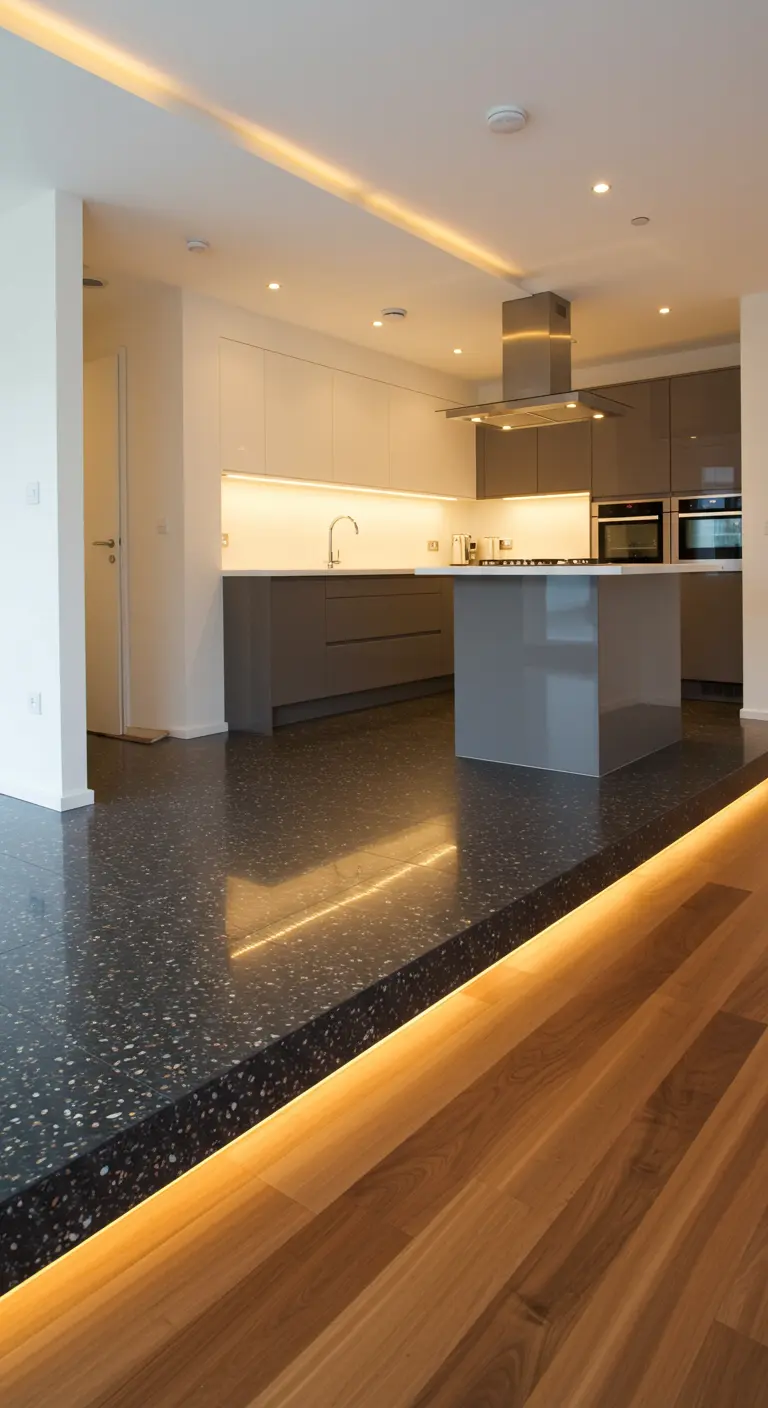 Moderne grijze keuken op een verhoogd donker platform met sfeervolle LED-verlichting eronder.