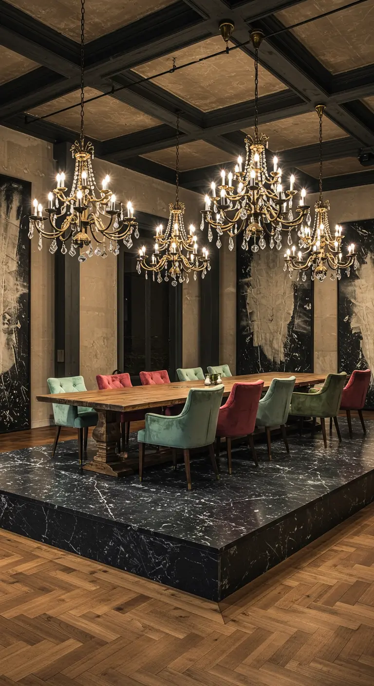 Eettafel op een verhoogd zwart marmeren podium met kroonluchters