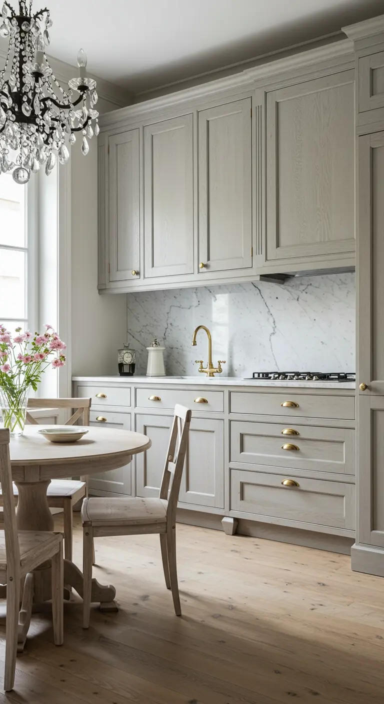 Zeer lichte houten keuken en eethoek met marmer, gouden details en kristallen kroonluchter.