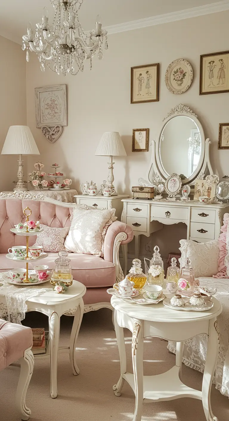 Romantische woonkamer met roze fluwelen bank, witte brocante meubels en kristallen details.