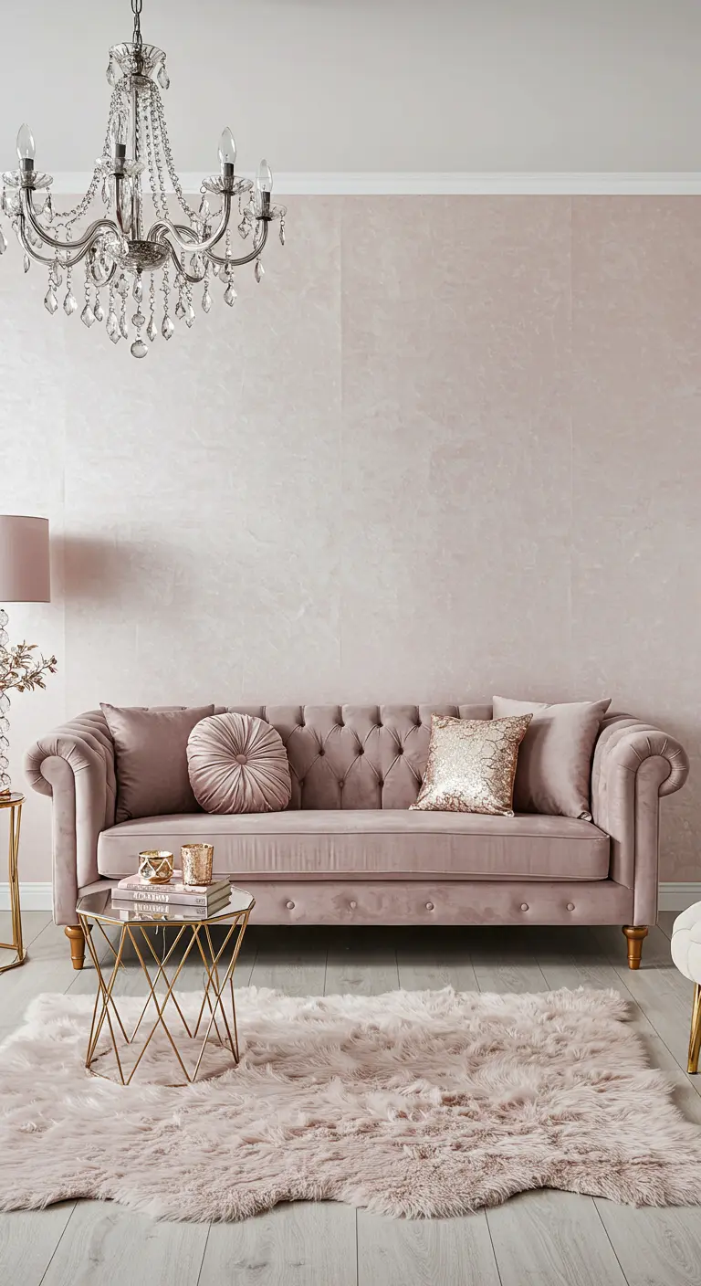 Elegante woonkamer met roze fluwelen Chesterfield bank, fluffy tapijt en kristallen kroonluchter.