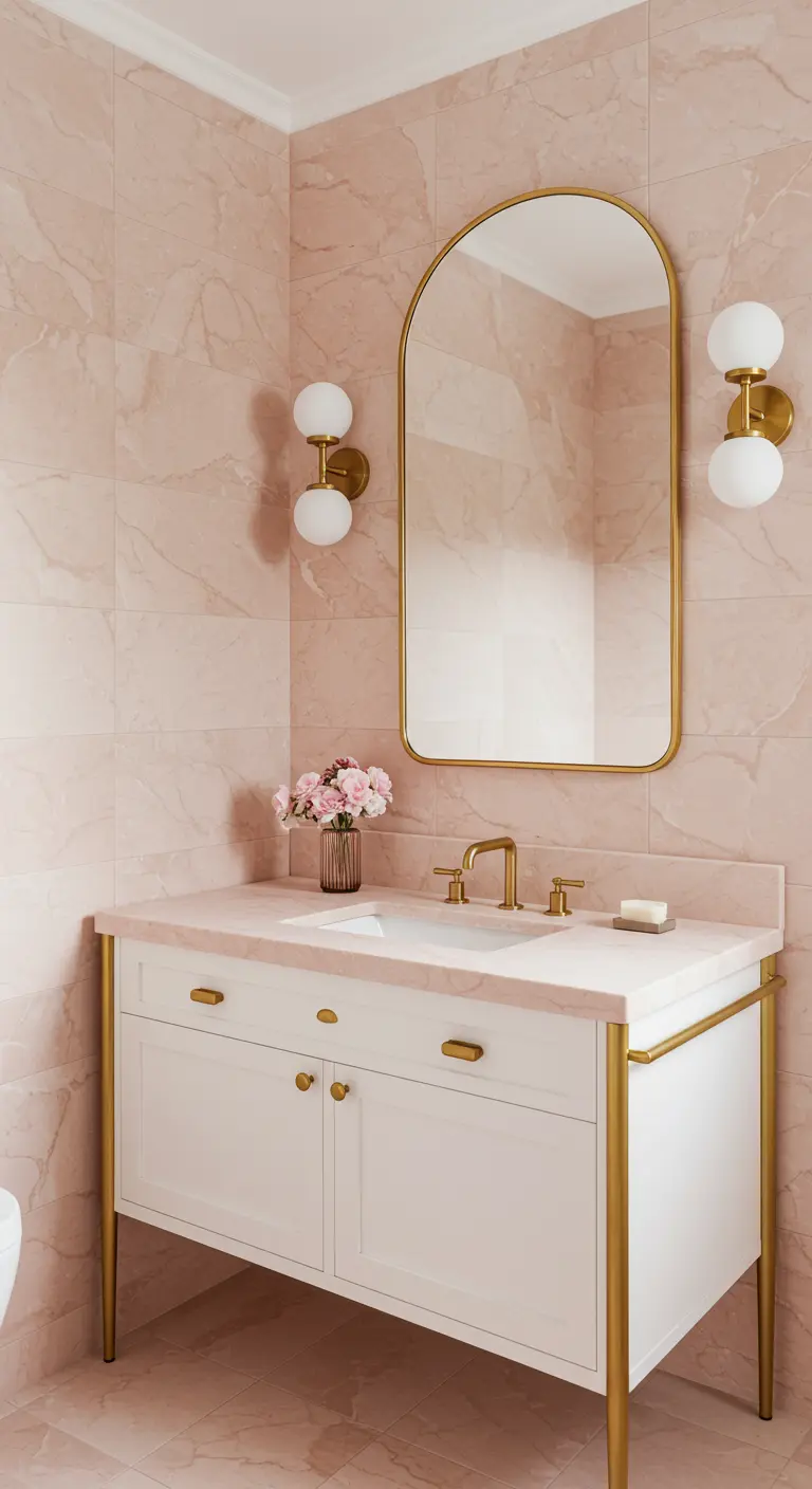 Roze marmeren badkamer met wit meubel op messing poten en ronde messing spiegel.