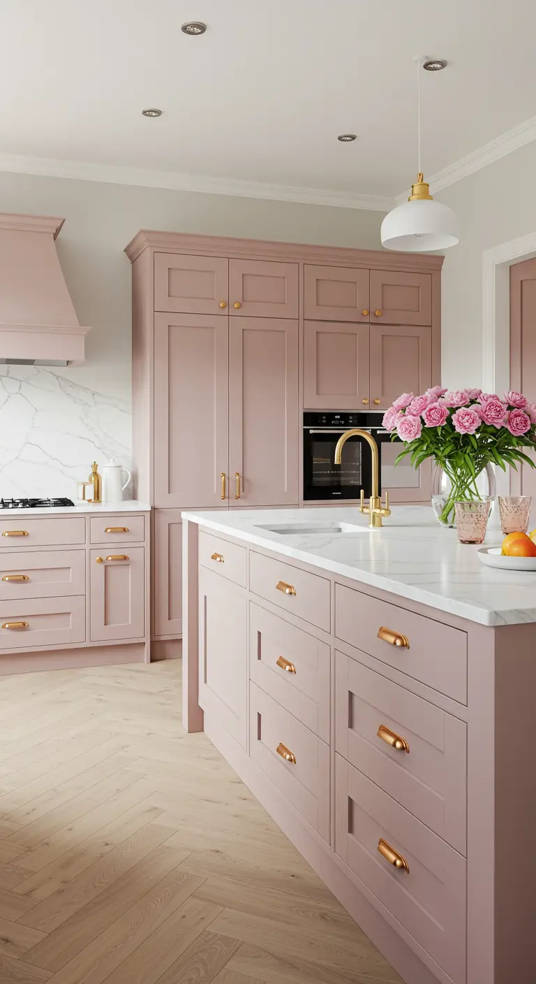 Elegante keuken met poederroze kasten, gouden accenten en licht houten visgraatvloer.