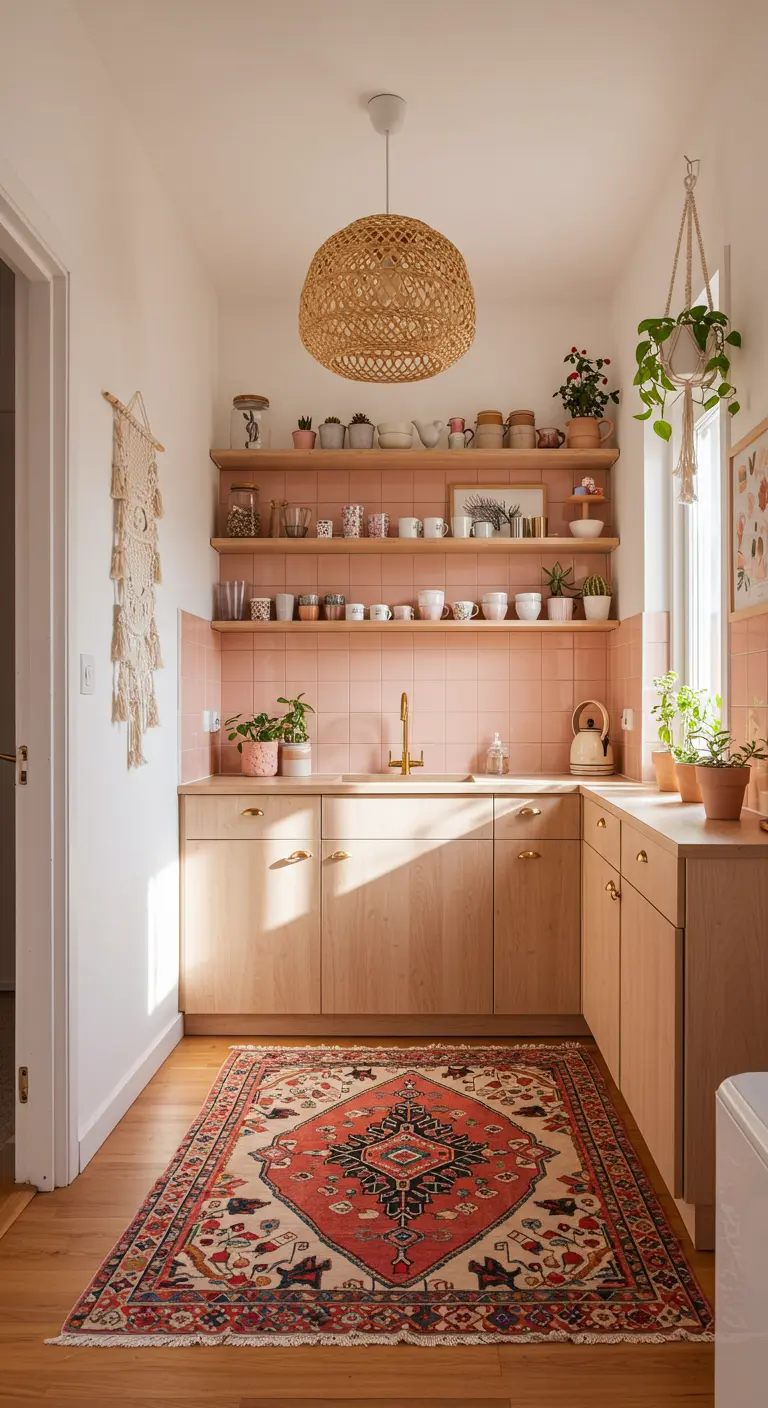 Lichte keuken met roze tegelwand, houten kasten en planken, boho-kleed en planten.