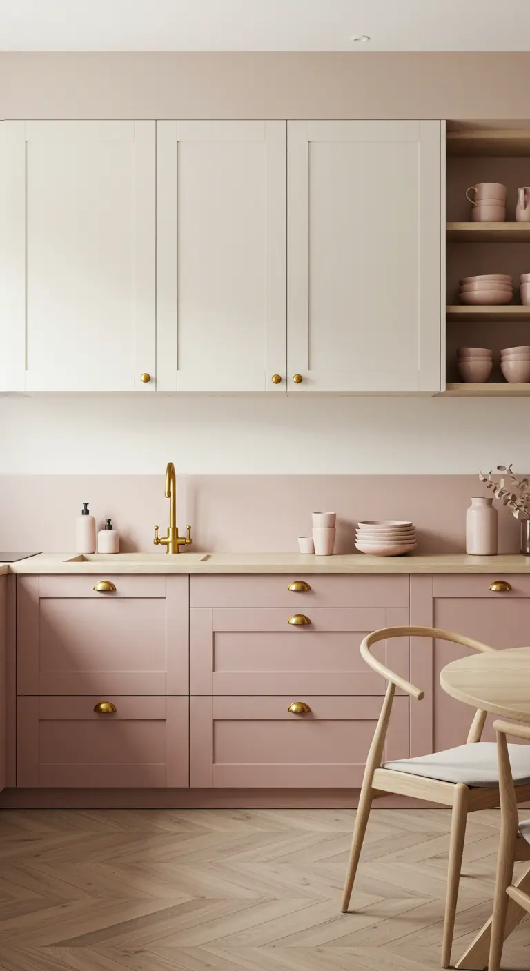 Zachtroze keuken met witte bovenkastjes, een houten eettafel en gouden details zoals greepjes en kraan.