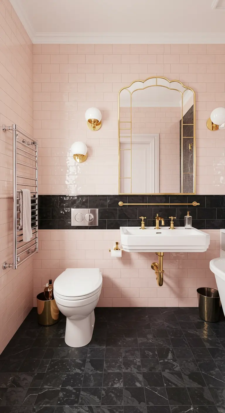 Badkamer met roze metrotegels, zwarte tegelband, zwarte vloer en gouden accenten.