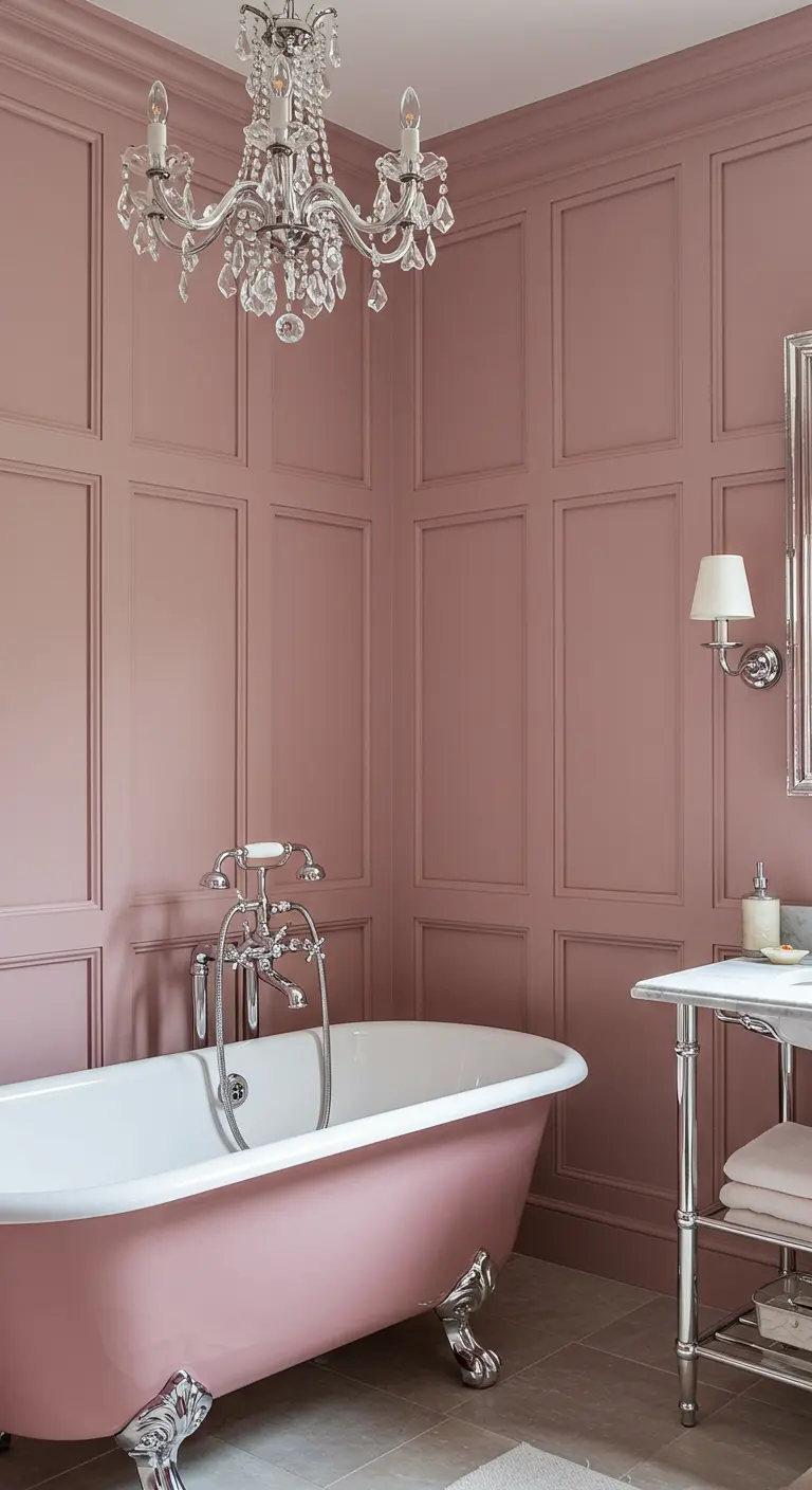 Elegante badkamer met poederroze wandpanelen, roze bad op pootjes en kristallen kroonluchter.