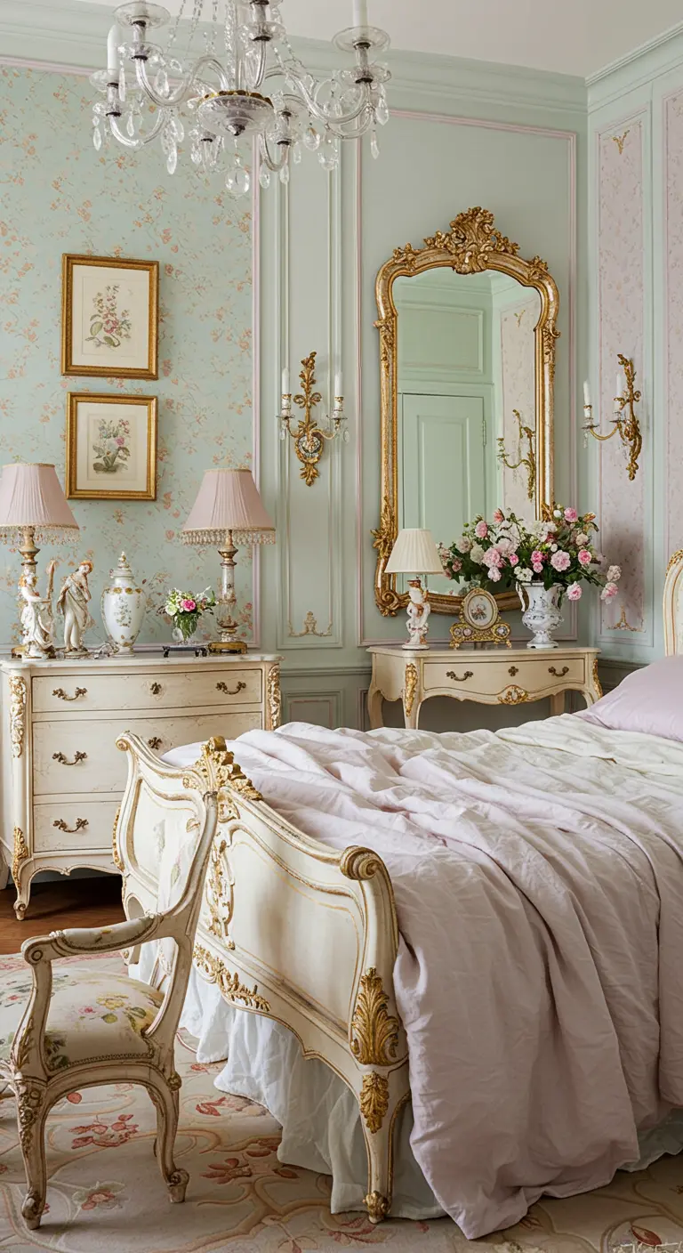 Romantische slaapkamer in pastel mintgroen en roze met bloemenbehang en sierlijke meubels.