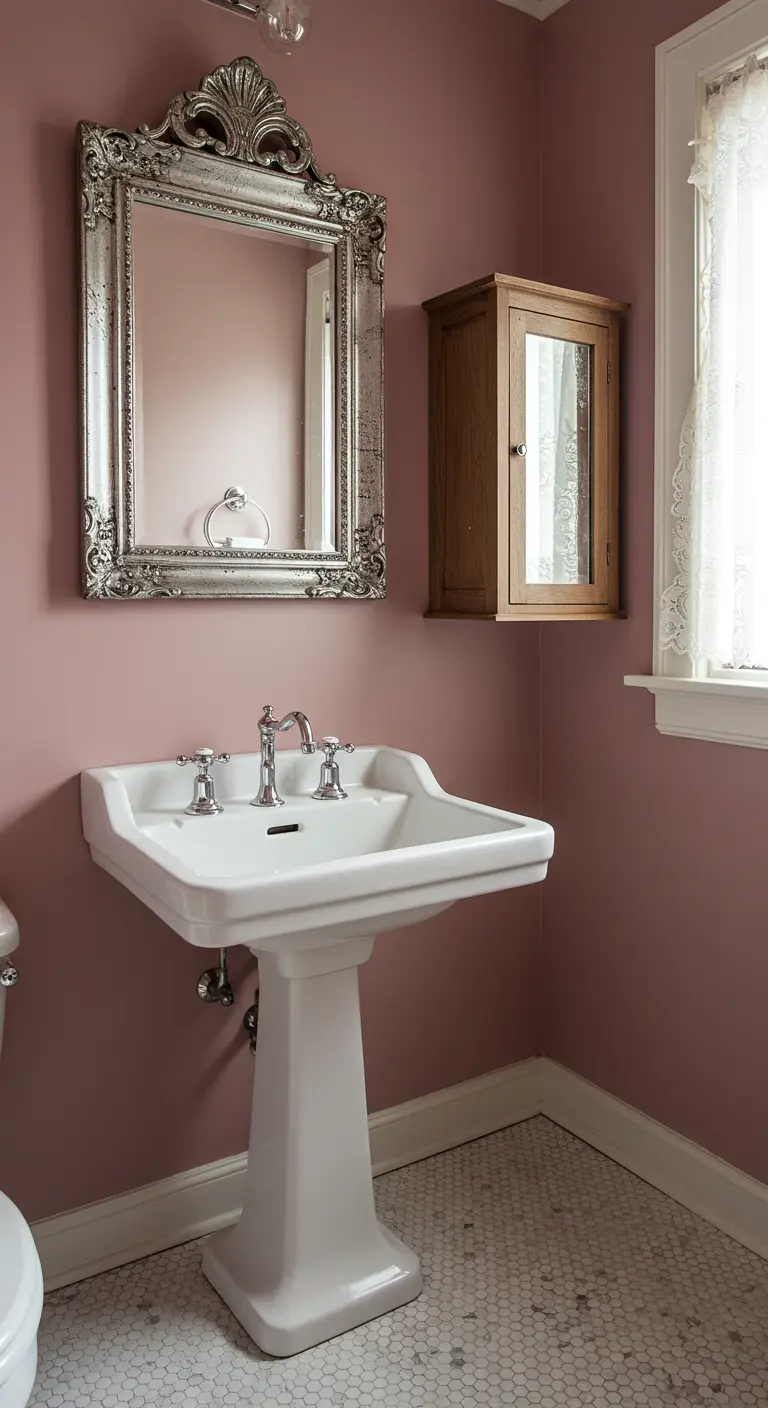 Badkamer met poederroze muren, klassieke wastafel en antieke spiegel.