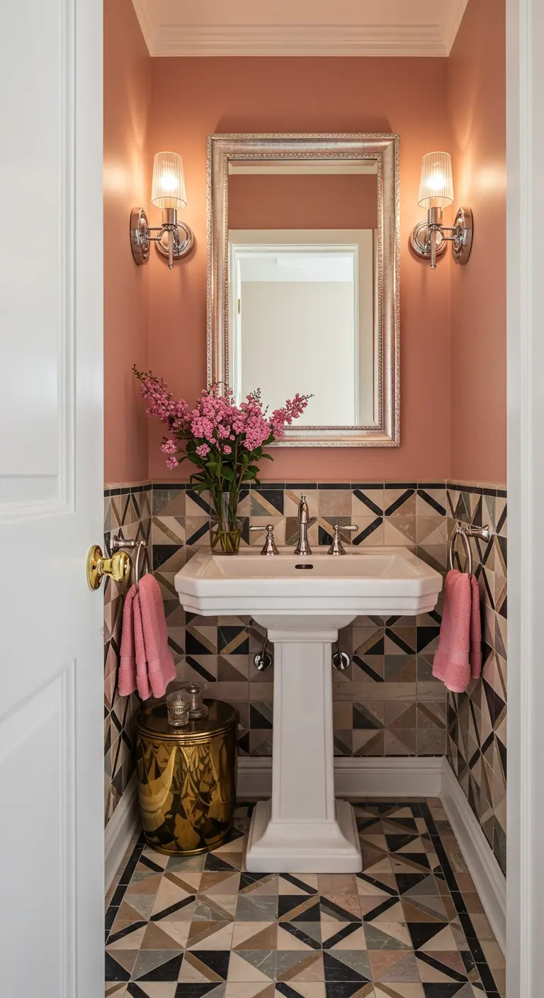 Compacte badkamer met poederroze muren, grafische zwart-wit-beige tegels en gouden accenten.