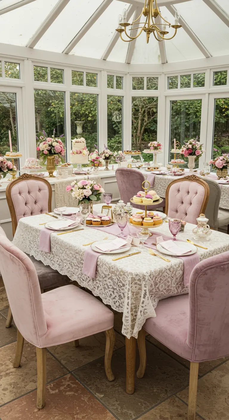 Elegante high tea setting met roze fluwelen stoelen en kanten tafelkleed.