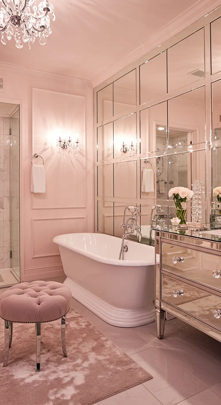 Elegante badkamer in poederroze met wandlijsten, een grote spiegelwand en kristallen details.