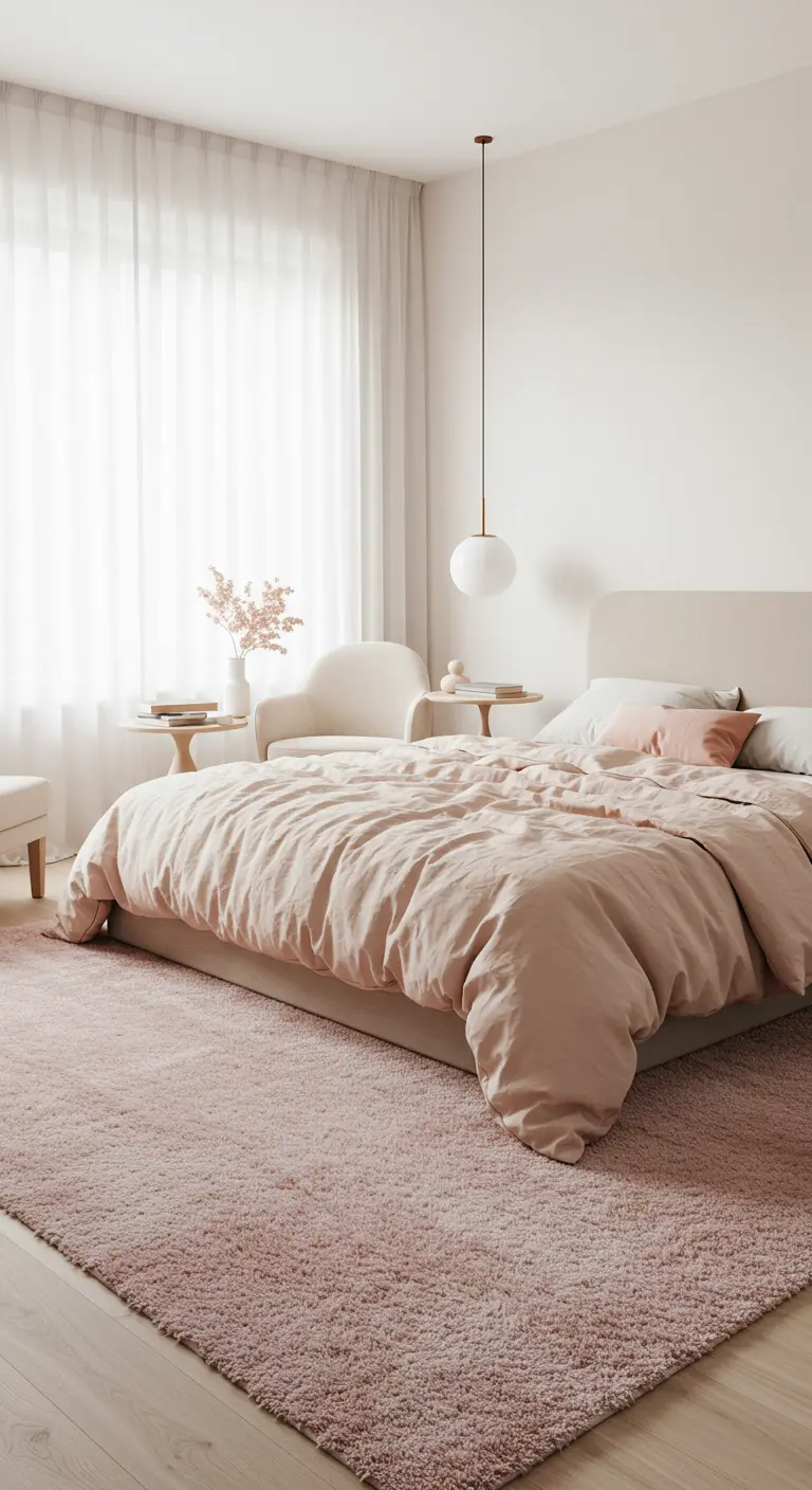 Lichte slaapkamer met een groot, zachtroze hoogpolig vloerkleed.