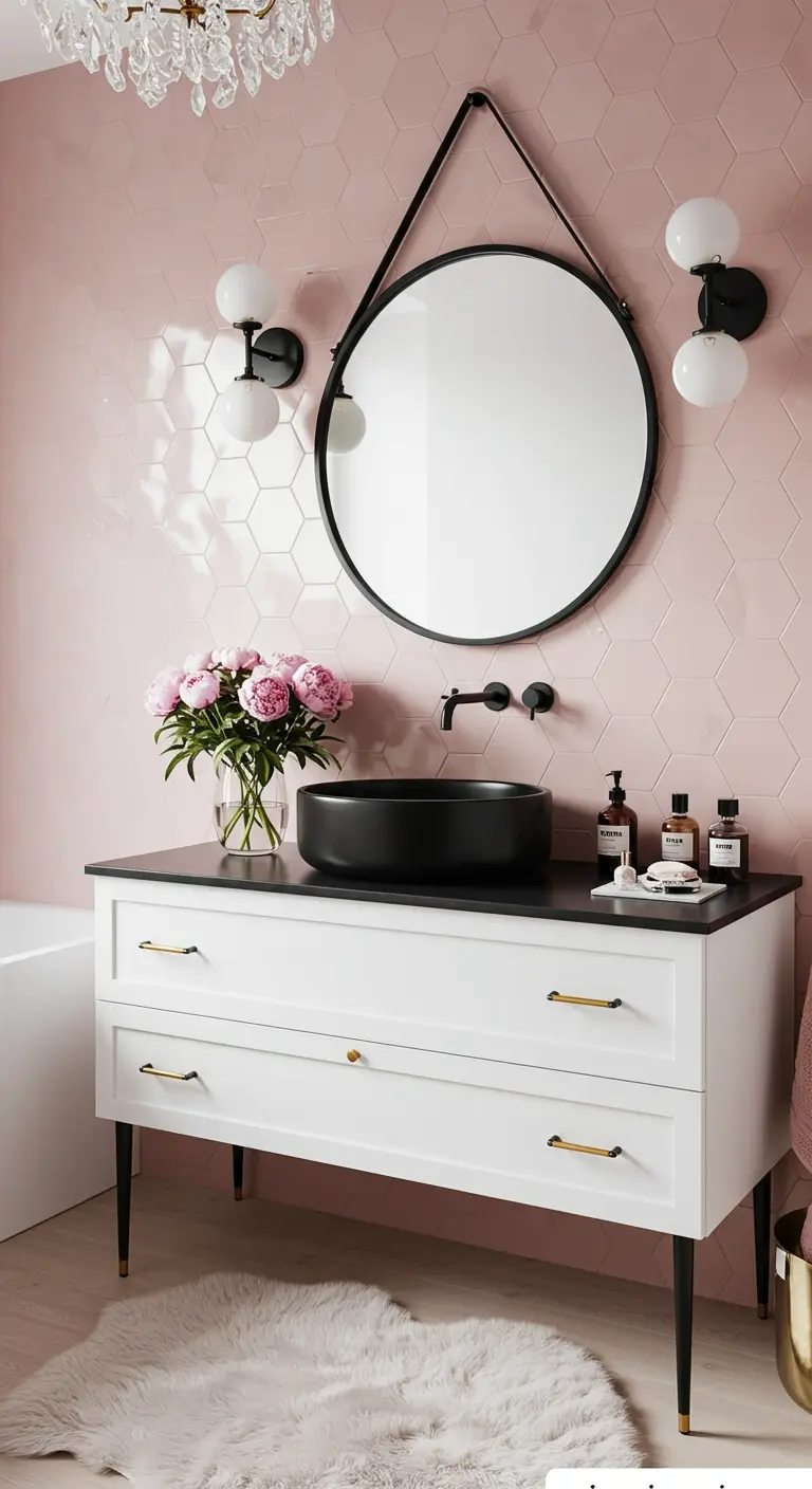 Zachtroze badkamer met zwarte waskom, zwarte spiegel en wit meubel.