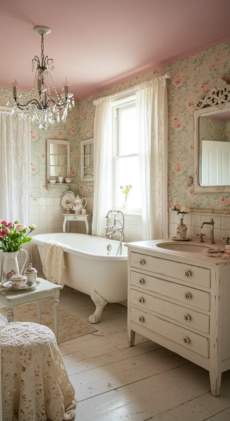 Shabby chic badkamer met zachtroze plafond en bloemenbehang.