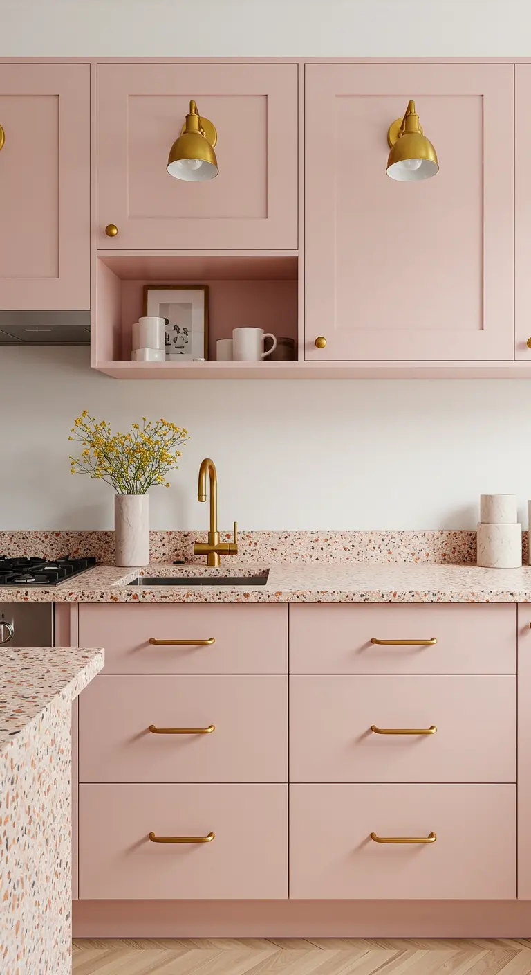 Zachtroze keuken met terrazzo werkblad, messing handgrepen, kraan en wandlampjes.